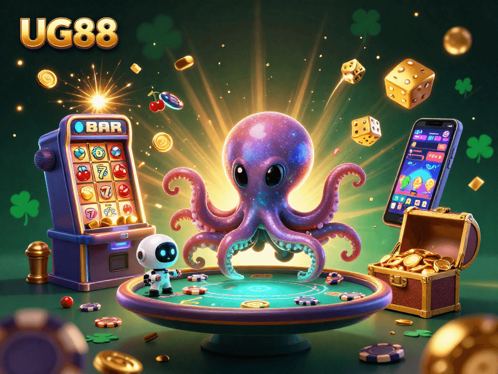 Engage in thrilling gameplay at UG88 with a vibrant 3D illustration showcasing a unique alien octopus and casino elements.