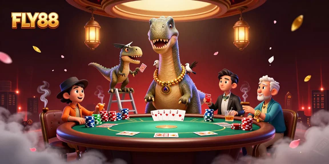 FLY88 showcases an exciting casino scene with a brontosaurus and clever raptor at a poker table.
