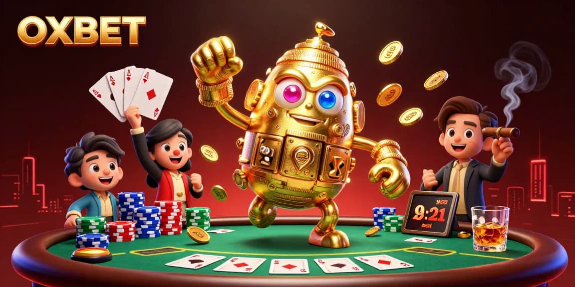 Engage with OXBET's dynamic casino scene featuring a golden golem, poker chips, and vibrant game elements.