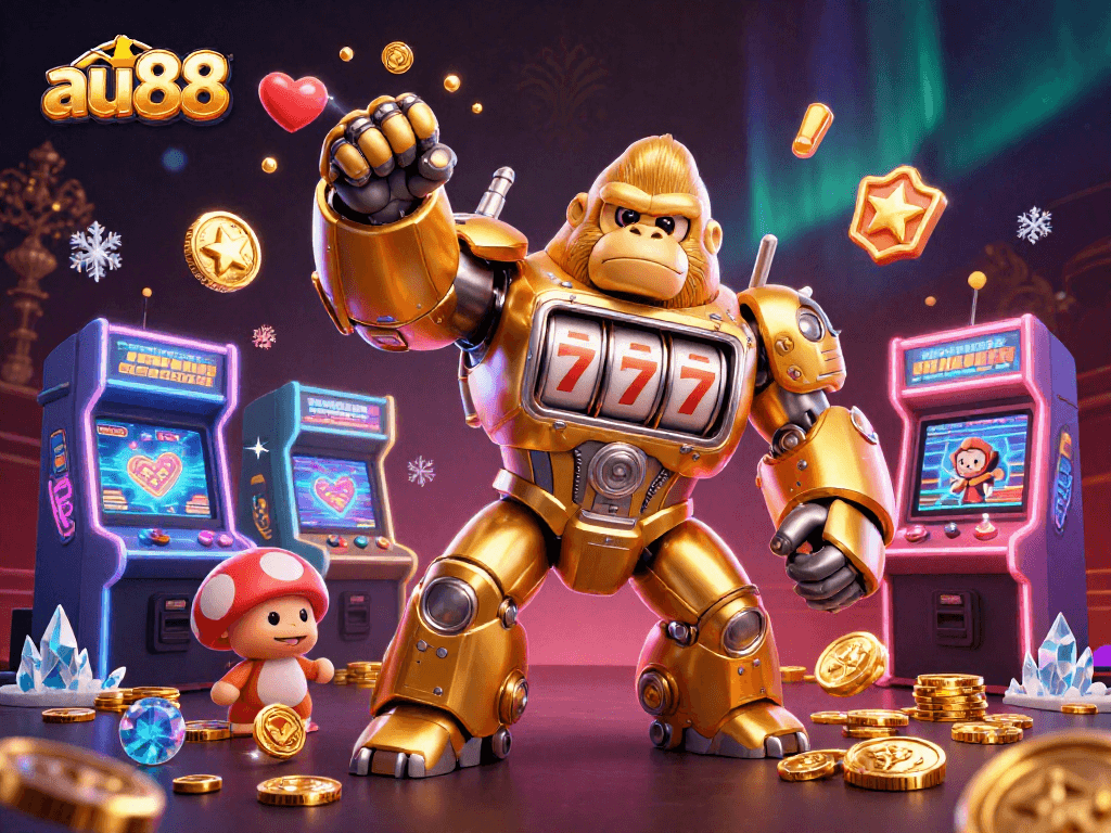 Experience thrilling gaming at au88 with a golden gorilla mech and vibrant arcade elements.