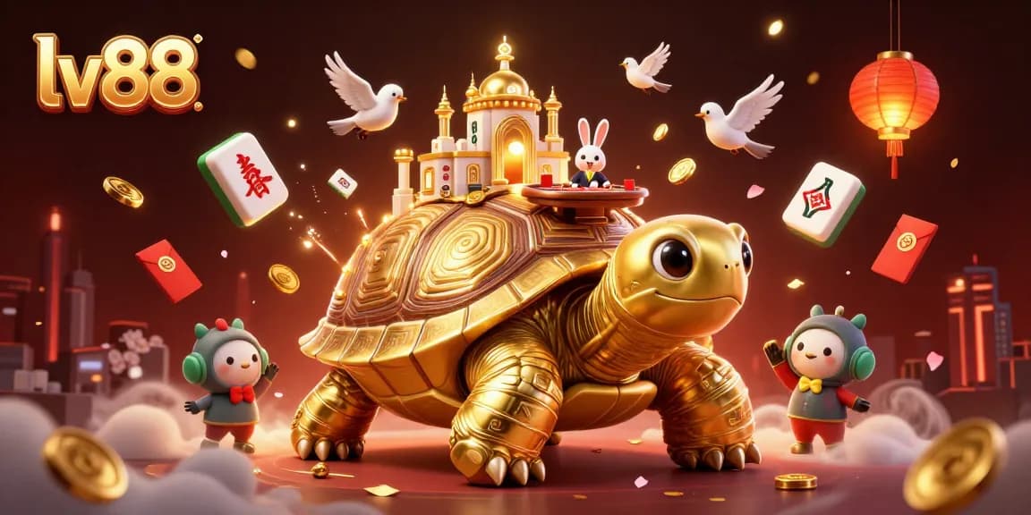 Engage with the vibrant casino scene at lv88 featuring a golden tortoise, rabbit dealer, and floating game elements.