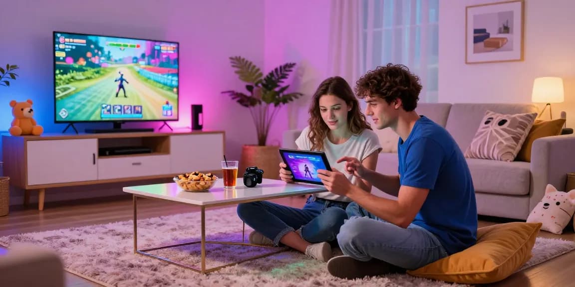 Engaging couple enjoying an android porn game together in a cozy living room setting.