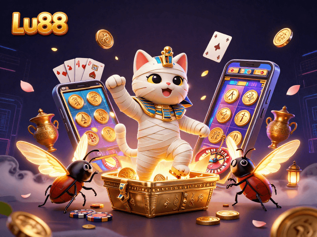 Lu88 offers thrilling casino adventures with mummy cat and scarab beetle in a vibrant setting.