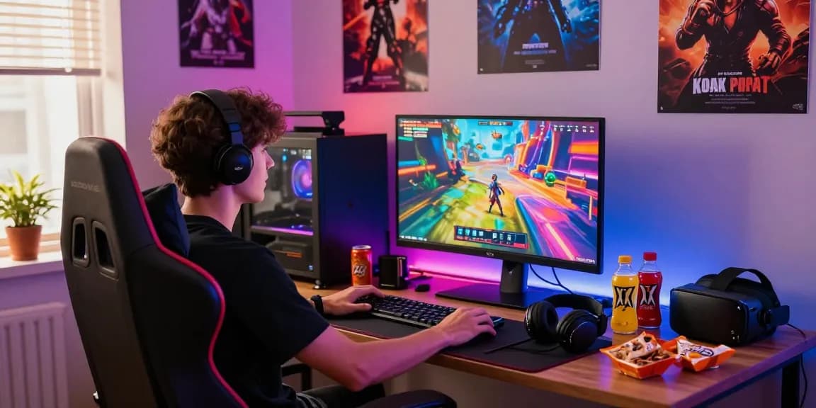 Gamer immersed in an xxx game with vibrant LED lights and engaging graphics.