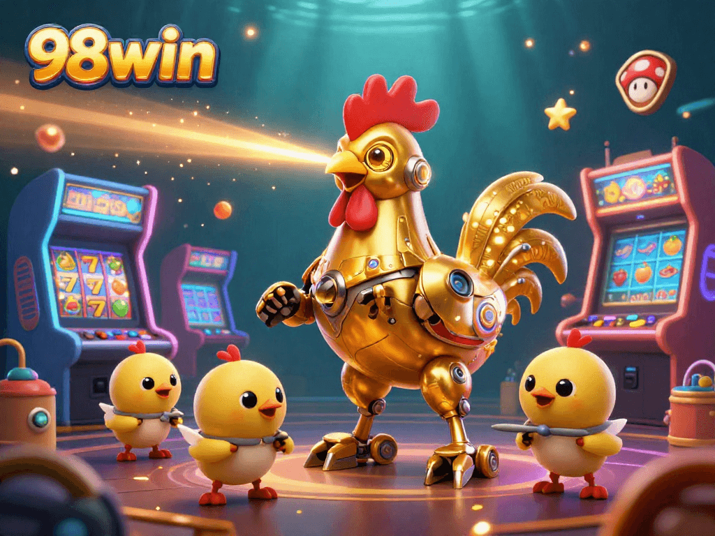 Experience 98win with a vibrant 3D illustration showcasing dynamic gaming elements.