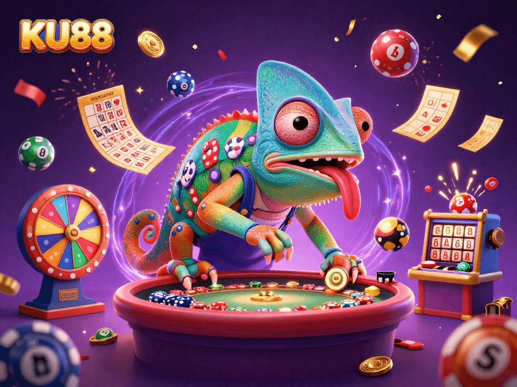 Engage with KU88 at this lively casino scene featuring a colorful chameleon owner gearing up for exciting games!
