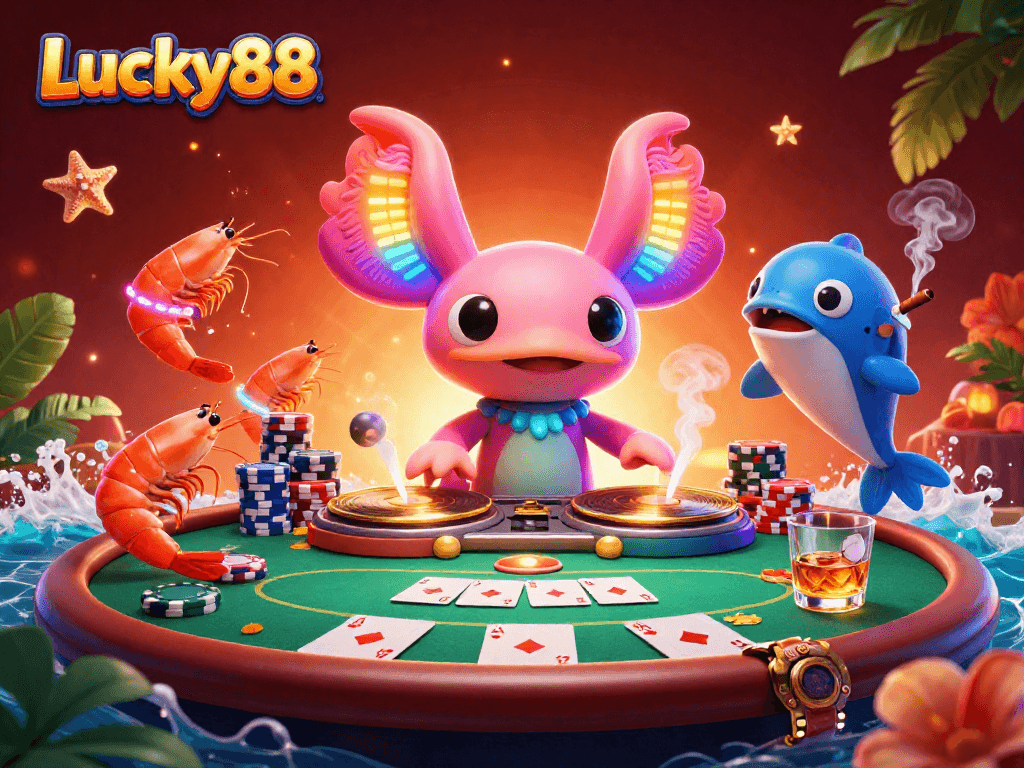 Experience the thrill of Lucky88 with vibrant casino elements and energetic underwater characters.