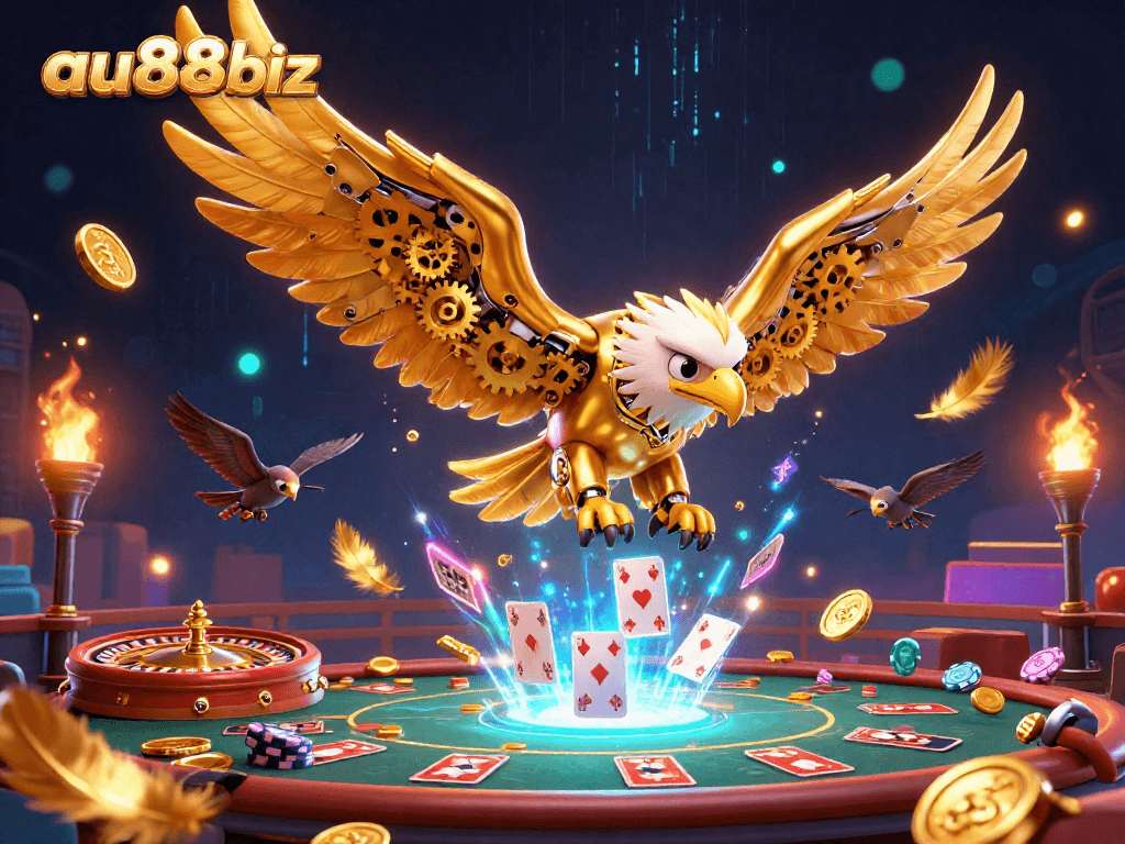Engage with thrilling games at au88biz, showcasing cybernetic eagle amidst exciting casino elements.