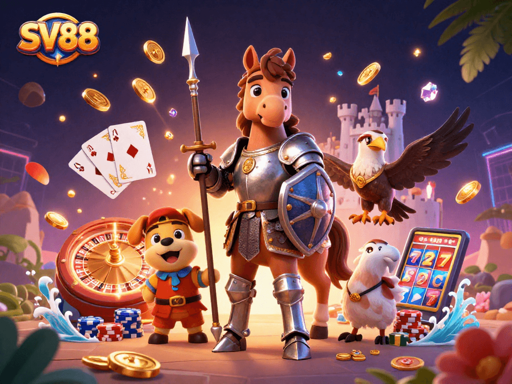 SV88 offers dynamic gameplay with lucky themes in vibrant casino illustration.