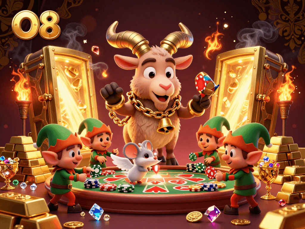 Gamblers enjoy thrilling games at O8 casino with chaotic Krampus goat overseeing the festive atmosphere.