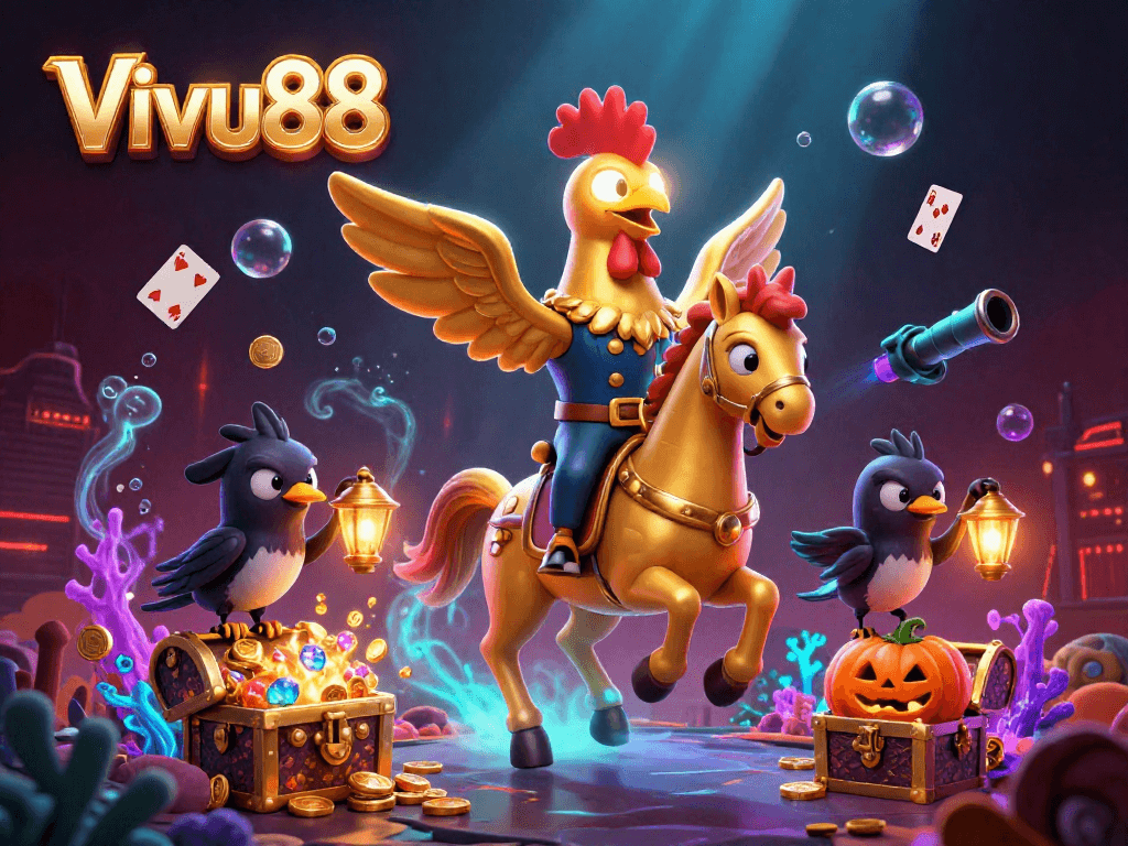 Experience thrilling moments at Vivu88 with a golden rooster and spectral horse in this vibrant casino adventure.
