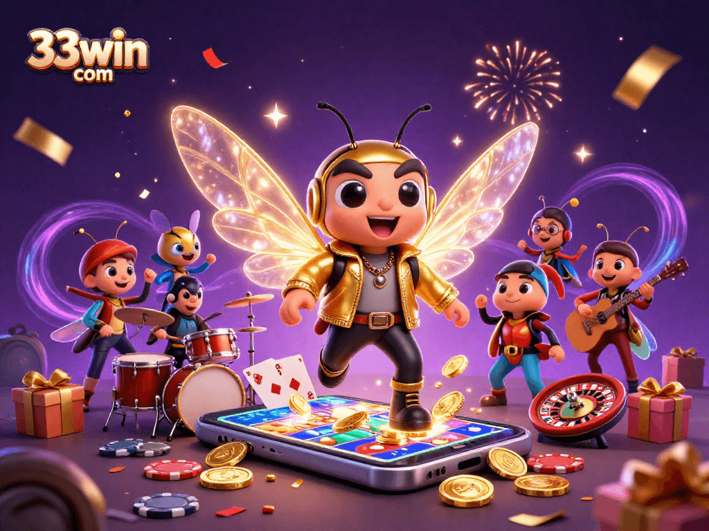Bring luck with 33win com's vibrant 3D casino illustration featuring a cicada rock star.