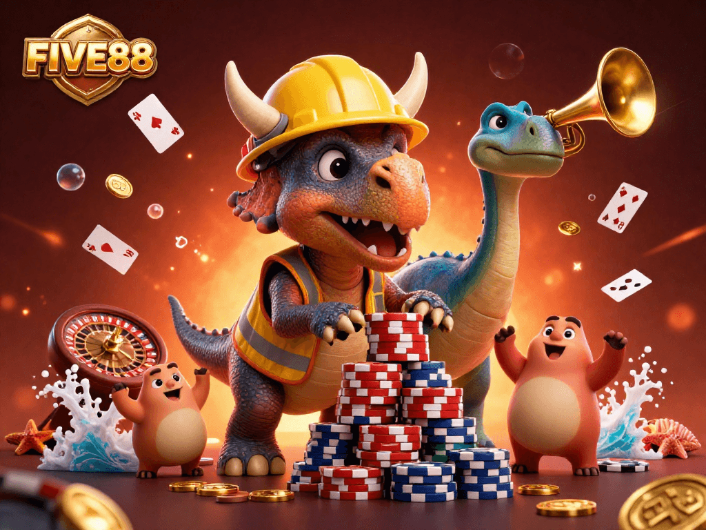 Engaging scene with FIVE88 branding featuring triceratops and parasaurolophus celebrating casino wins.