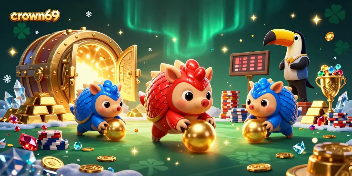 Crown69 pangolins rolling golden balls in a vibrant casino scene with treasure and poker chips.