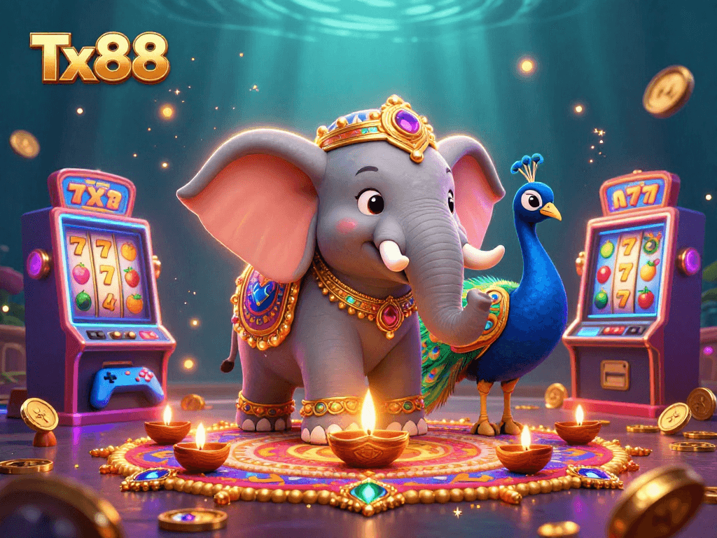 Enjoy vibrant gameplay at Tx88 with a cartoon elephant and peacock beside slot machines.