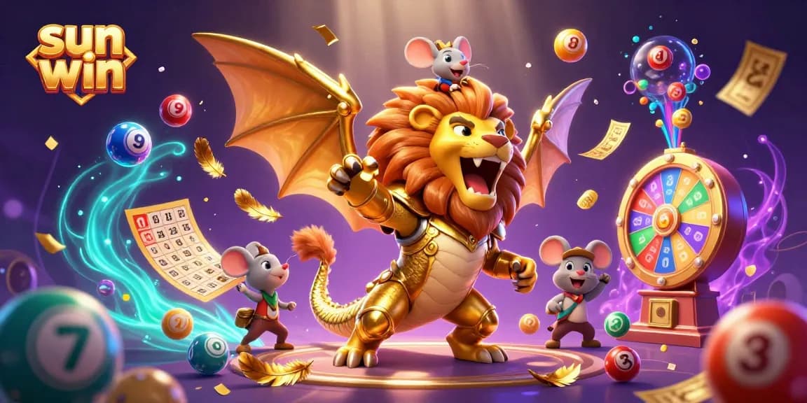Win big at Sun Win with a golden armored chimera and vibrant casino elements in a lively 3D scene.
