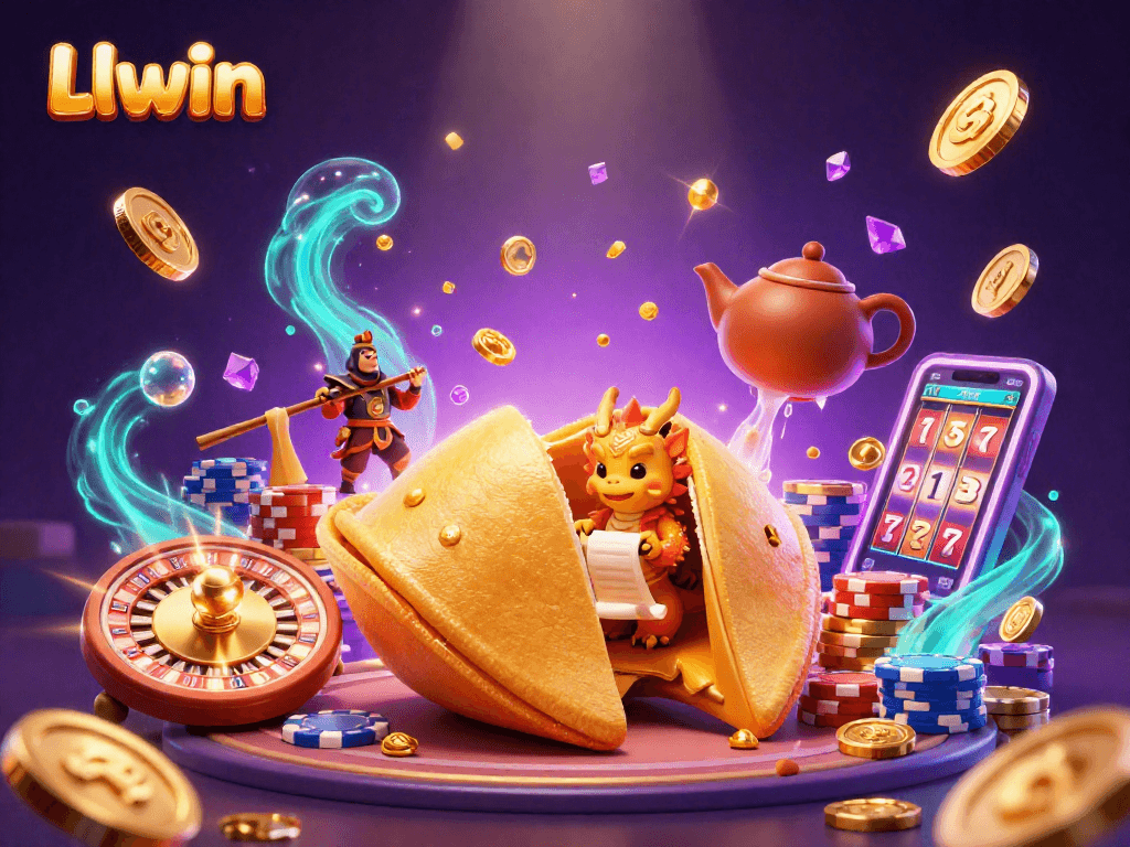 Engage with Llwin's vibrant gaming universe featuring a golden fortune cookie, dragon, teapot, and dynamic casino elements.