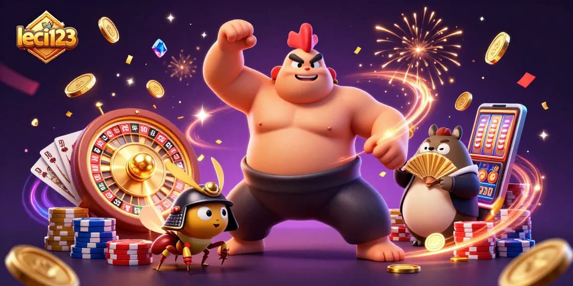 Experience excitement with leci123 in a vibrant 3D casino scene featuring dynamic characters and winning elements.
