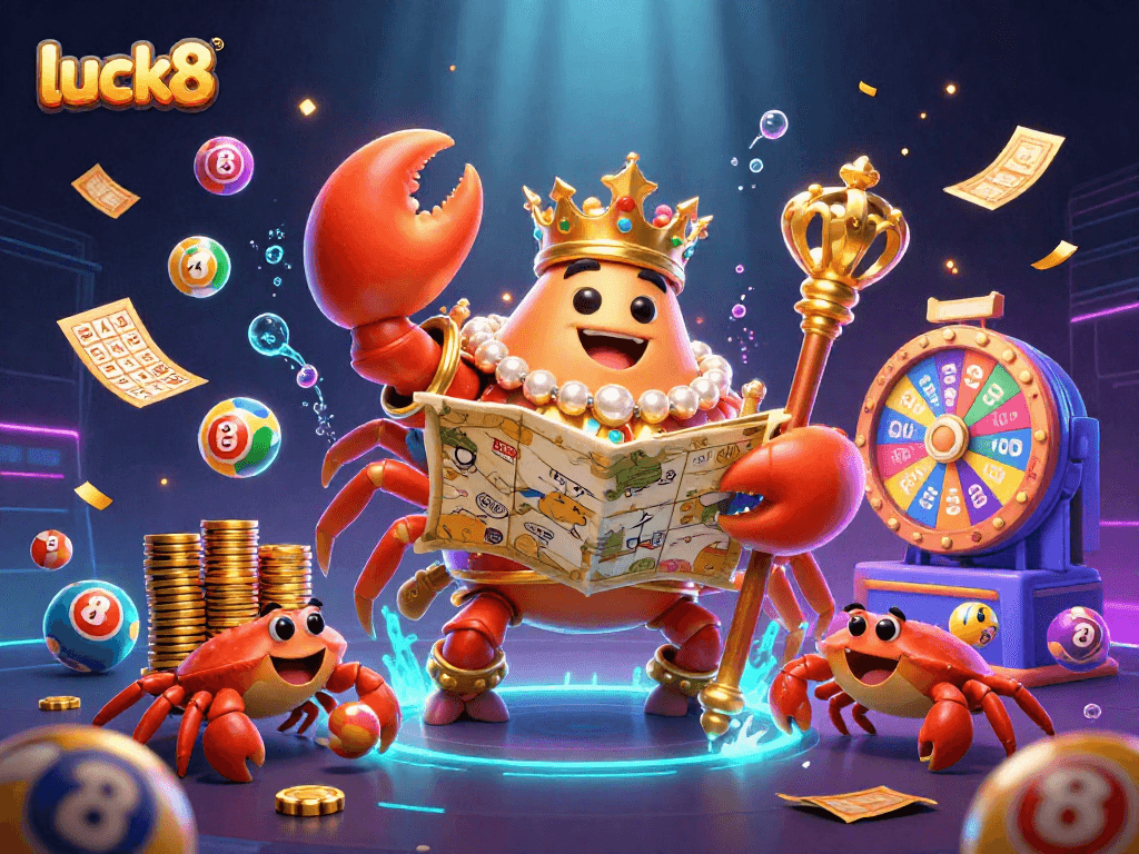Experience luck8 with vibrant lottery elements and a majestic crab emperor in a dynamic casino scene.