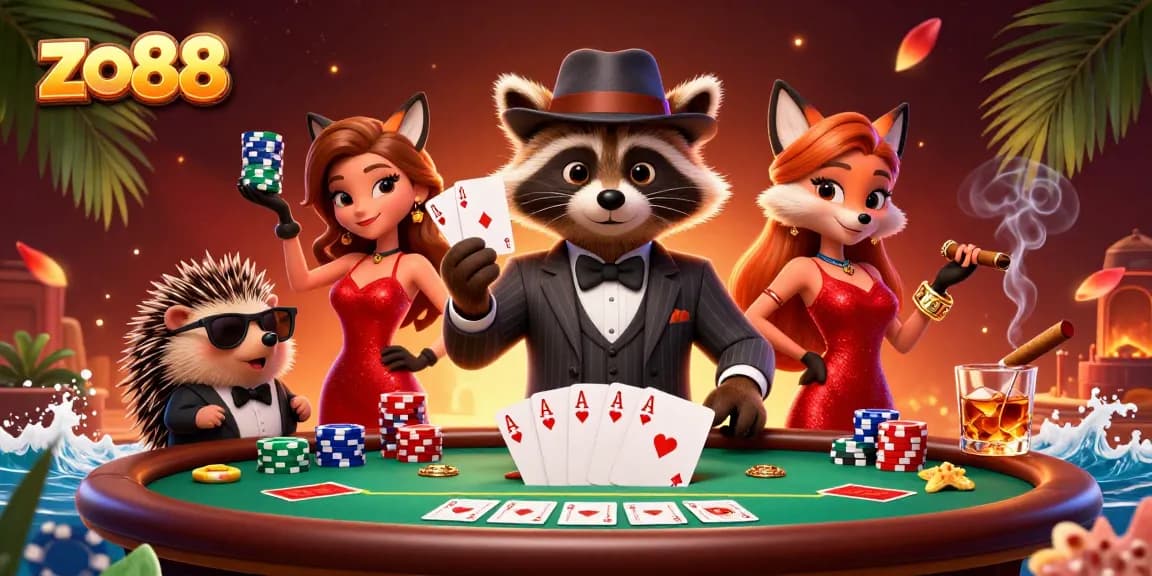Engaging gamblers with zo88 themed 3D cartoon illustration showcasing a raccoon, fox, and hedgehog enjoying poker.