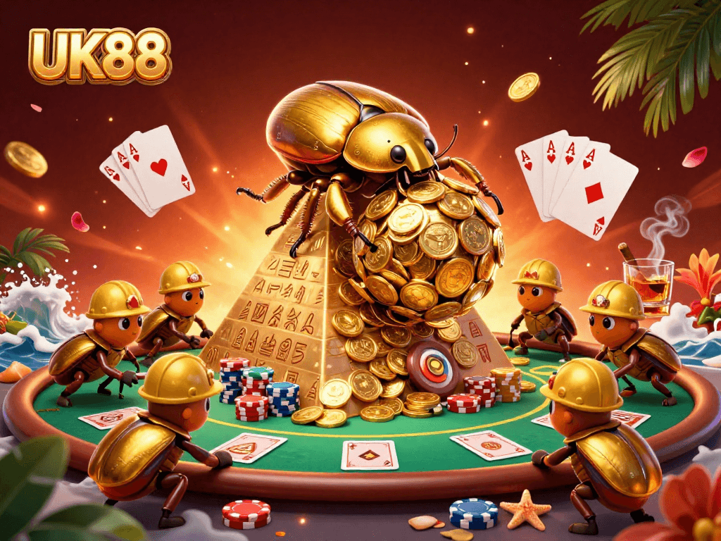 Engage in thrilling games at UK88, featuring golden beetles rolling coins at a vibrant casino scene.