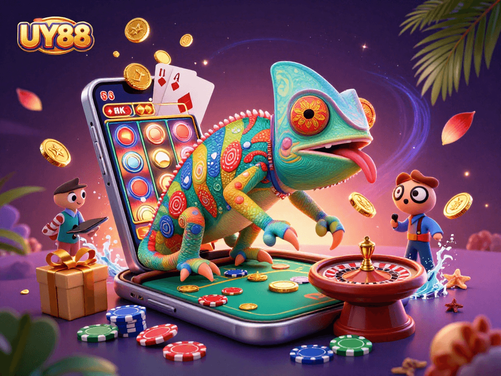 Experience exciting gameplay at UY88 with a dynamic chameleon casino owner amid spins and cards.