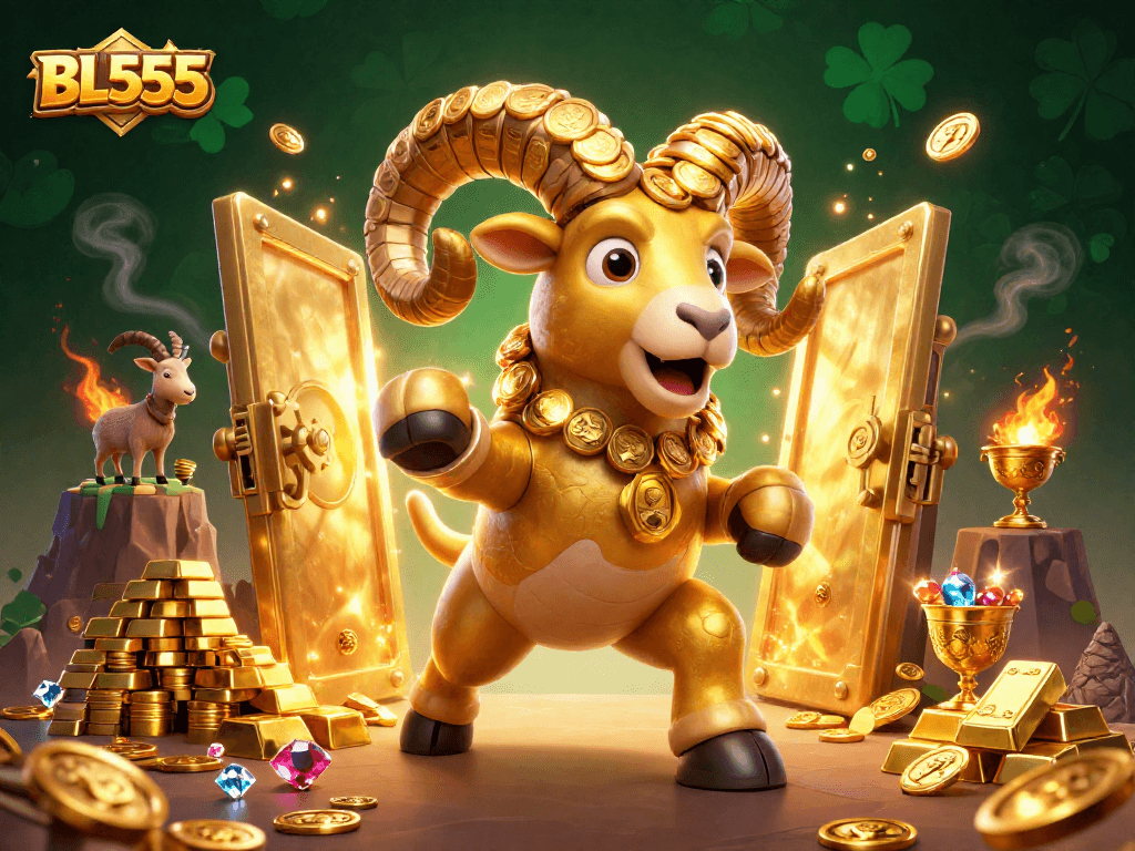 Win big with BL555 at the golden gate surrounded by treasures and a charging ram.