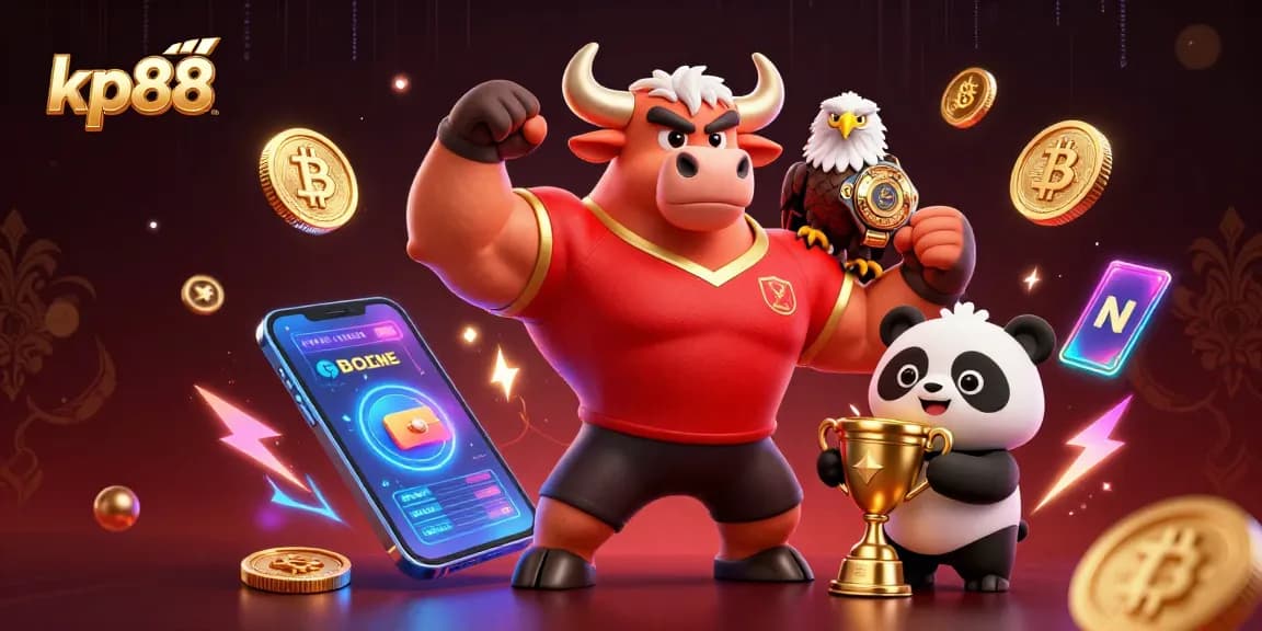 Engage with kp88 sports betting excellence through dynamic 3D casino illustration featuring a victorious bull mascot.