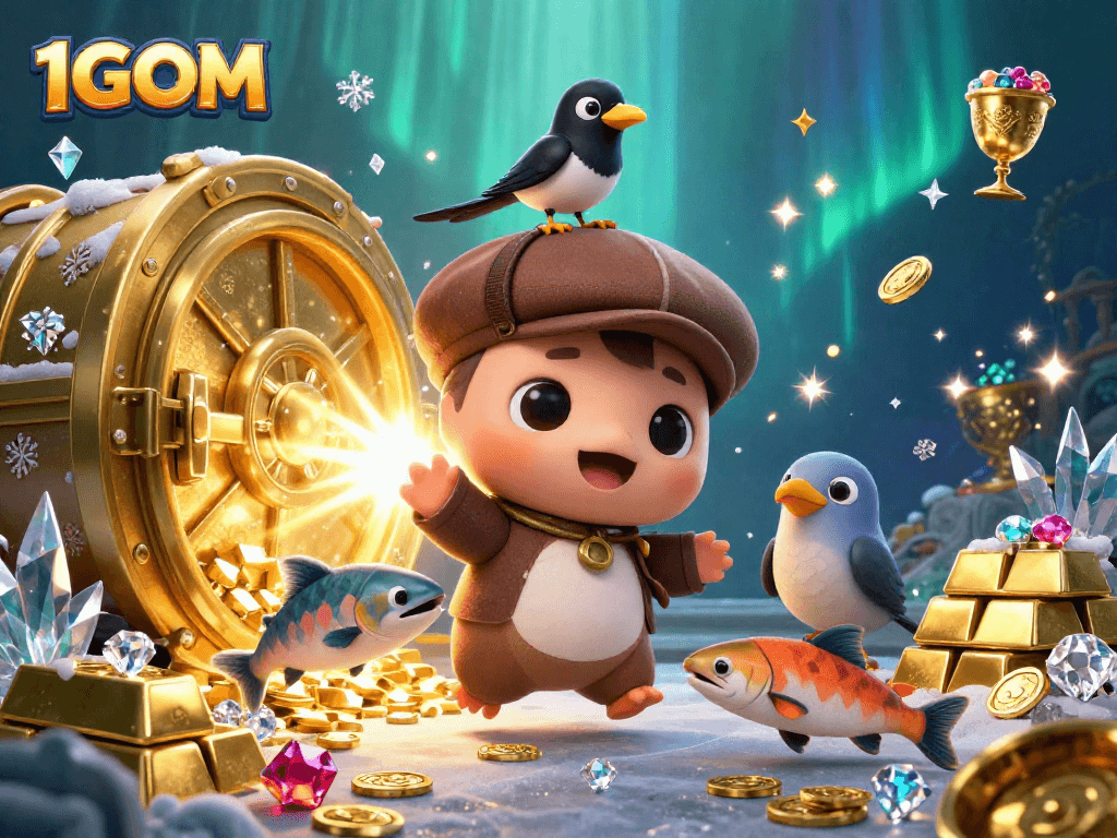 Experience fun gaming excitement with 1GOM featuring playful characters and treasures in a captivating scene.