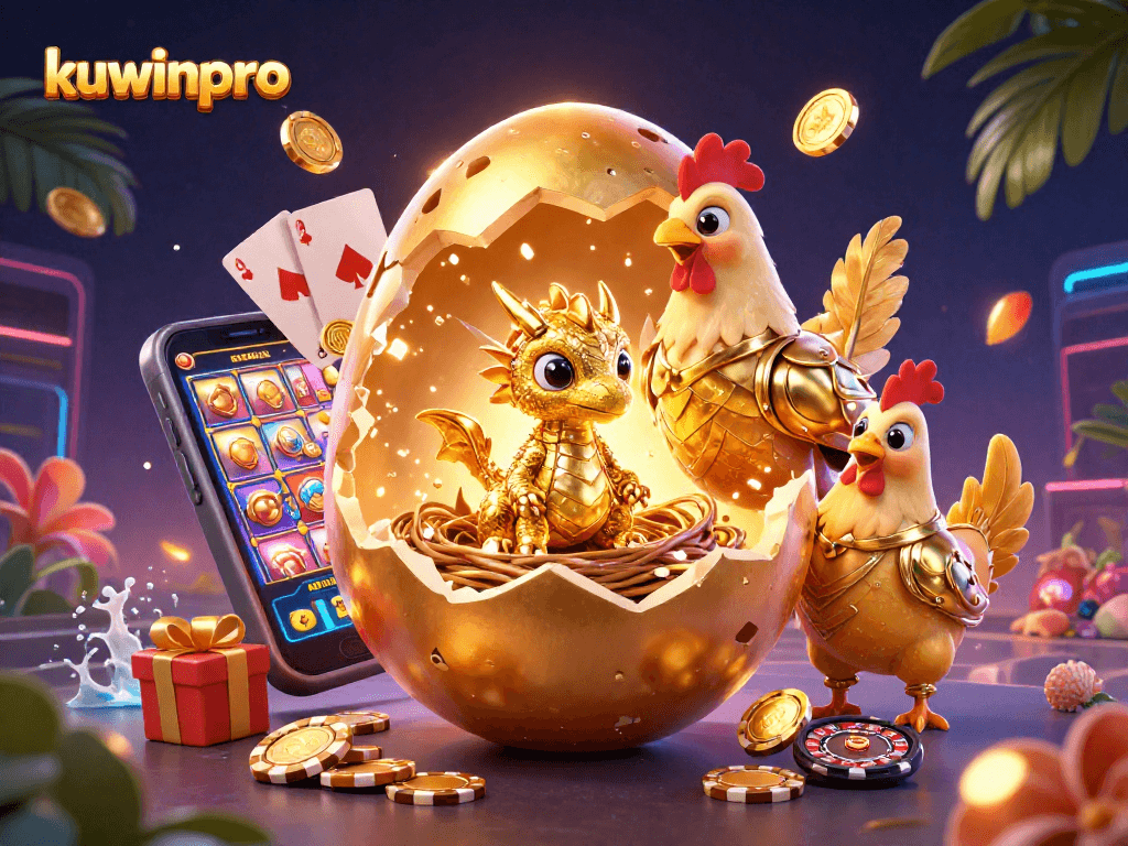 Engage with kuwinpro's thrilling world of gaming, featuring a golden dragon and vibrant casino elements.