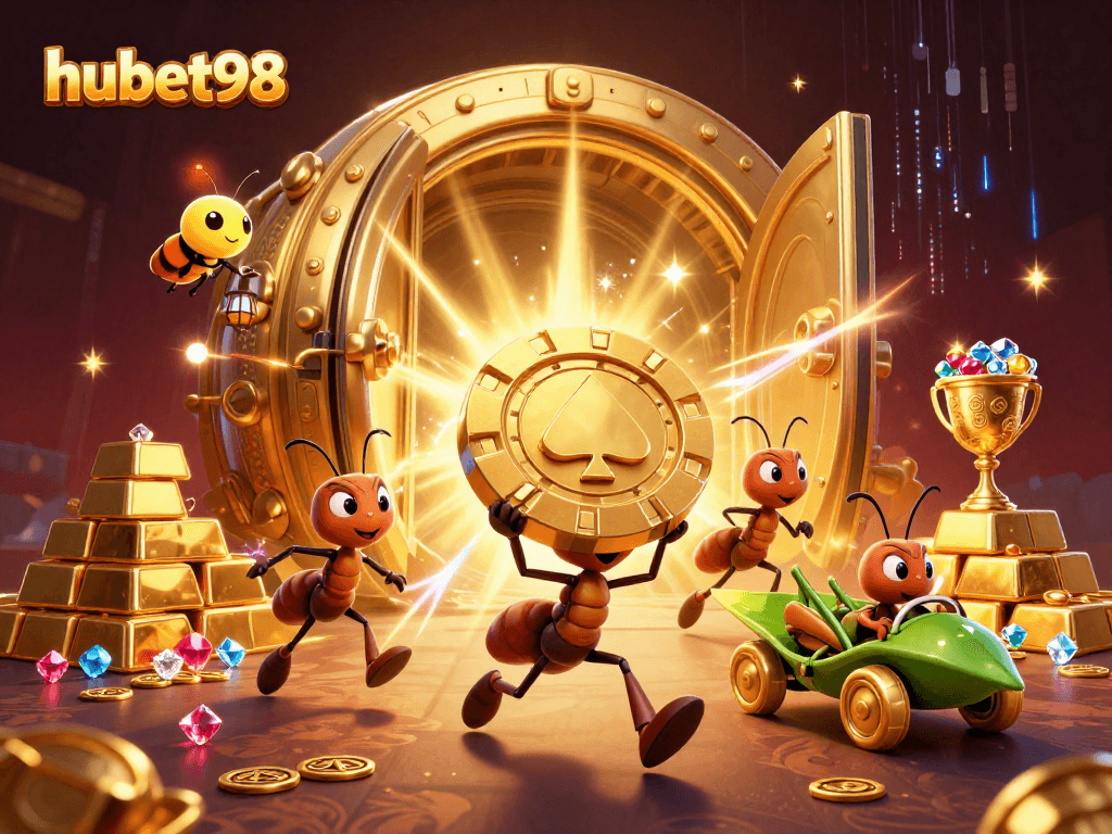 Experience thrilling wins with hubet98 as playful ants execute a heist in a vibrant casino setting.