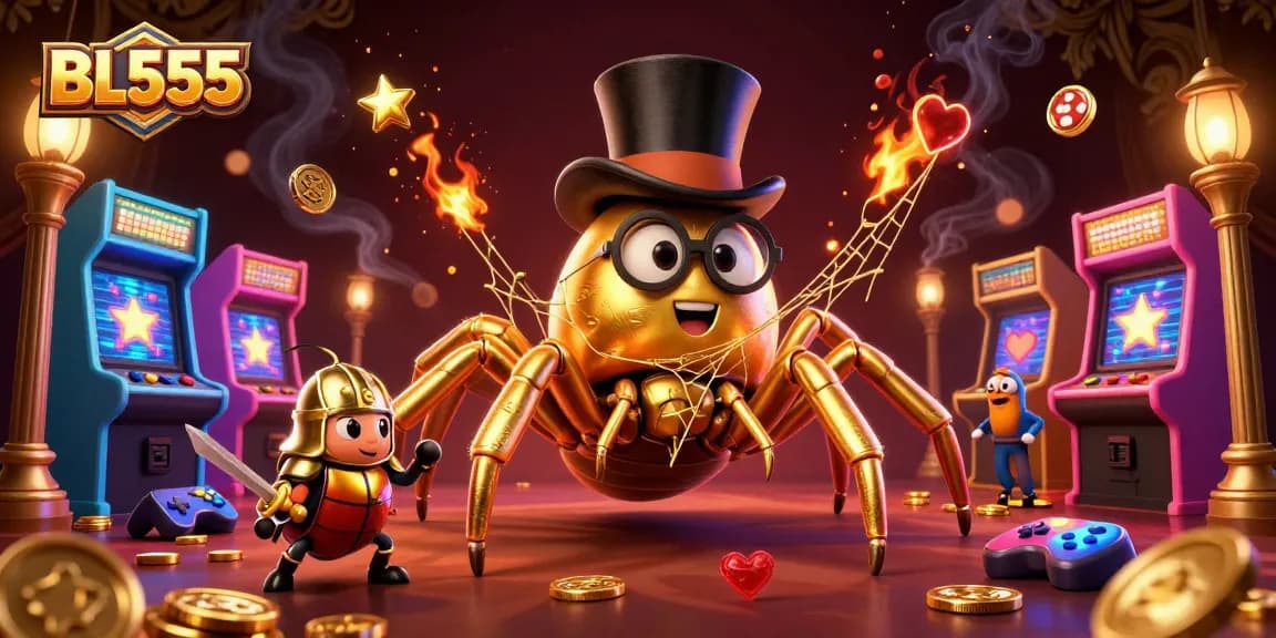 Engage in thrilling gameplay with BL555 featuring a giant golden tarantula, knight, and arcade elements.