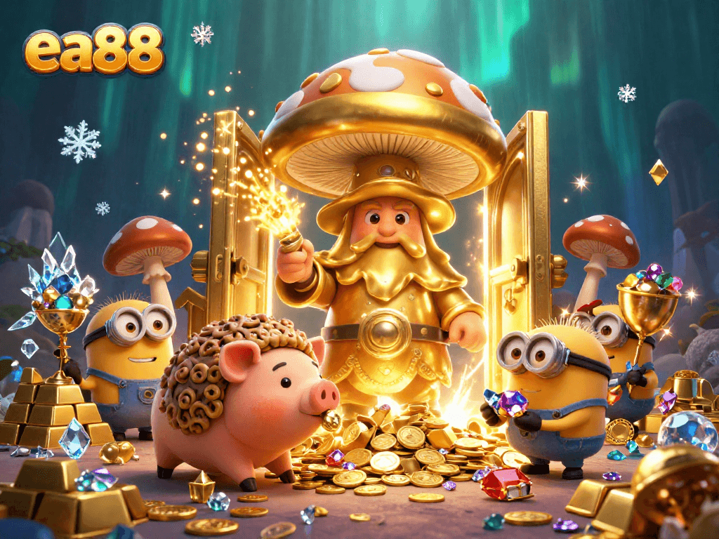 Experience the magic of ea88 with a golden wizard, treasure, and vibrant casino elements!