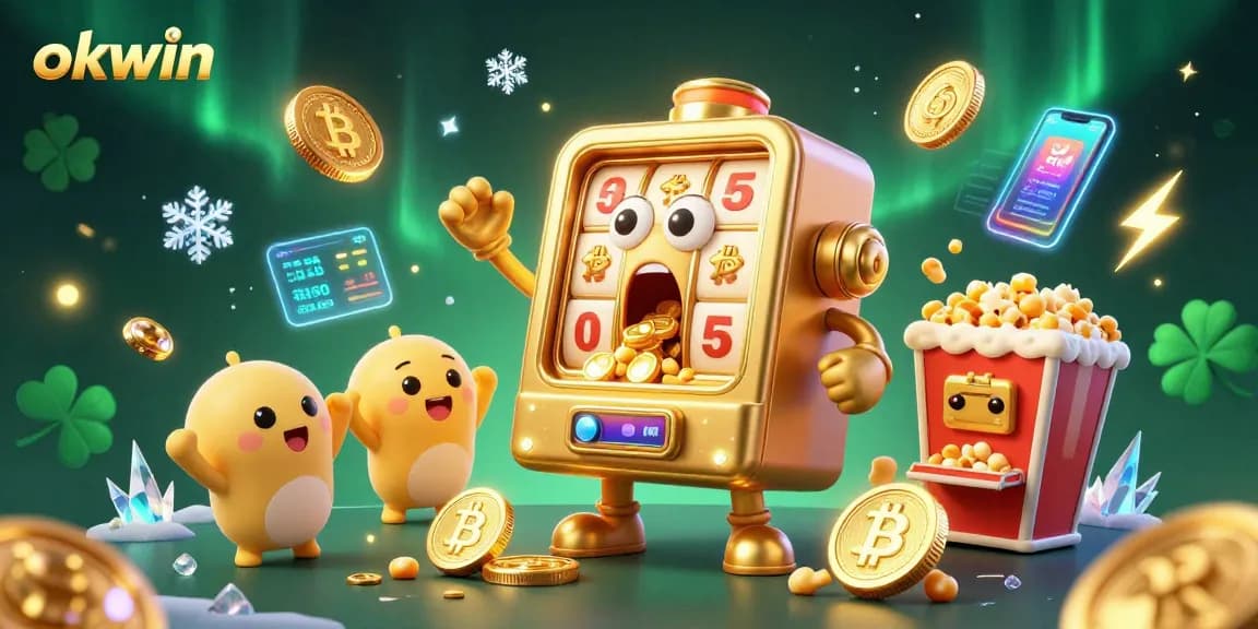 okwin slot machine celebrating a jackpot win amidst a vibrant casino scene filled with crypto coins and festive elements.