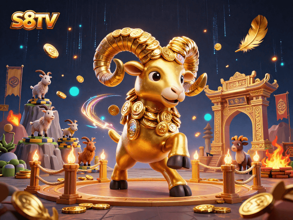 Experience thrilling gameplay with S8TV featuring a charging golden ram amidst a vivid casino arena.