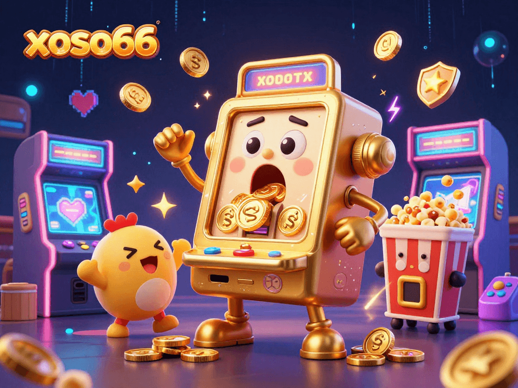 XOSO66's golden slot machine hitting a jackpot as coins pour out, surrounded by colorful game elements.