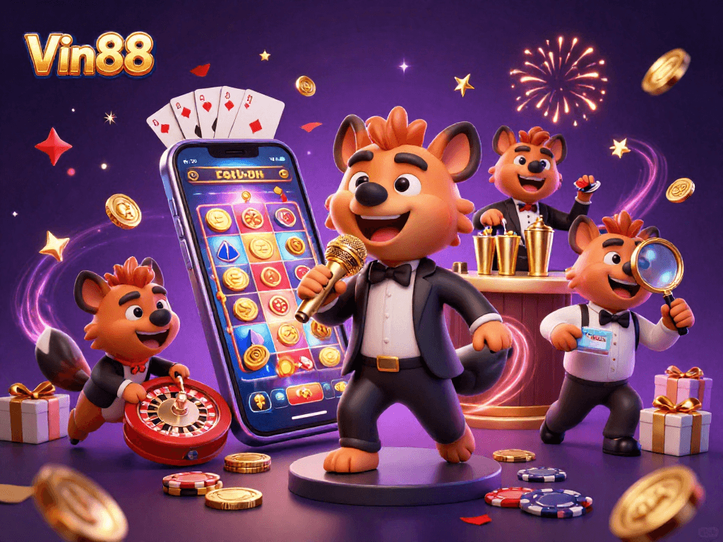 Experience the laughter at Vin88 with hyenas engaging in a vibrant comedy casino atmosphere.