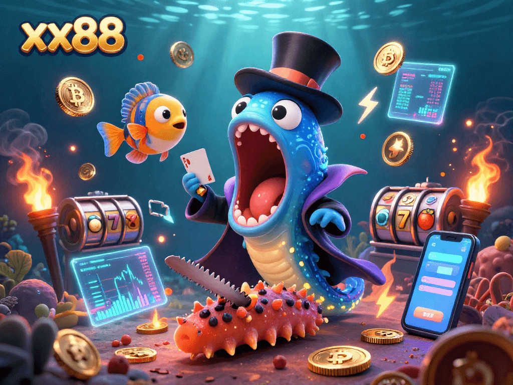 Engage in thrilling xx88 casino adventures with a vibrant underwater magic act featuring card tricks and glowing crypto coins.