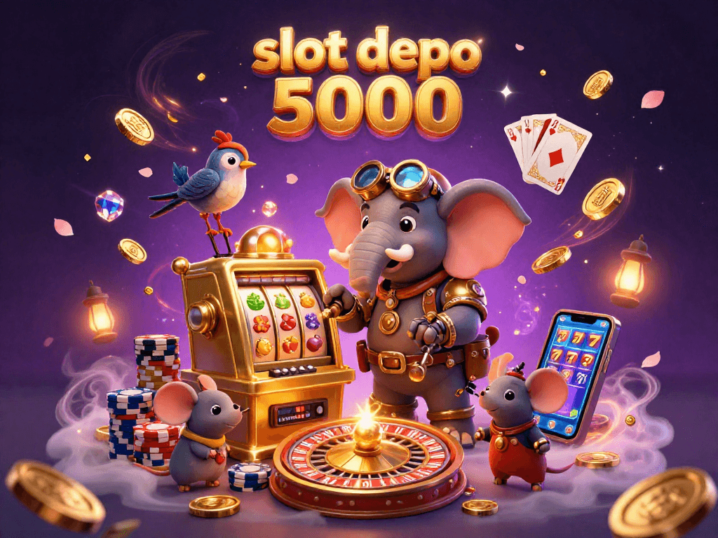Experience exciting gameplay at slot depo 5000 with this vibrant 3D illustration of a steampunk elephant operating a golden slot machine.