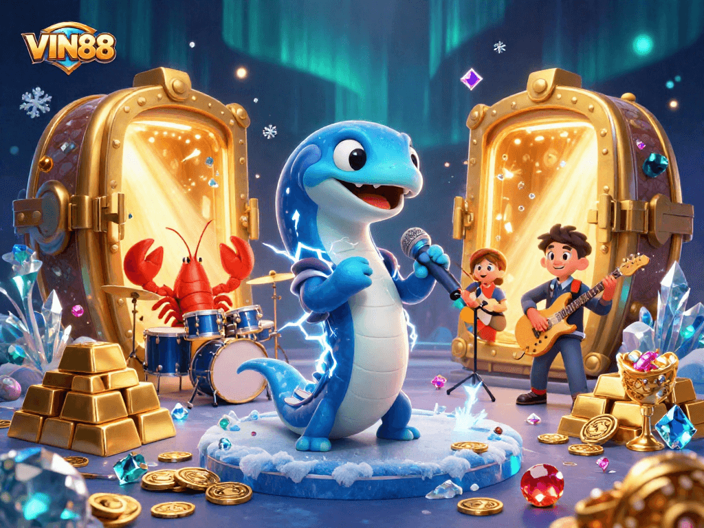 Experience the excitement of VIN88 with lively characters performing in a vibrant underwater casino.