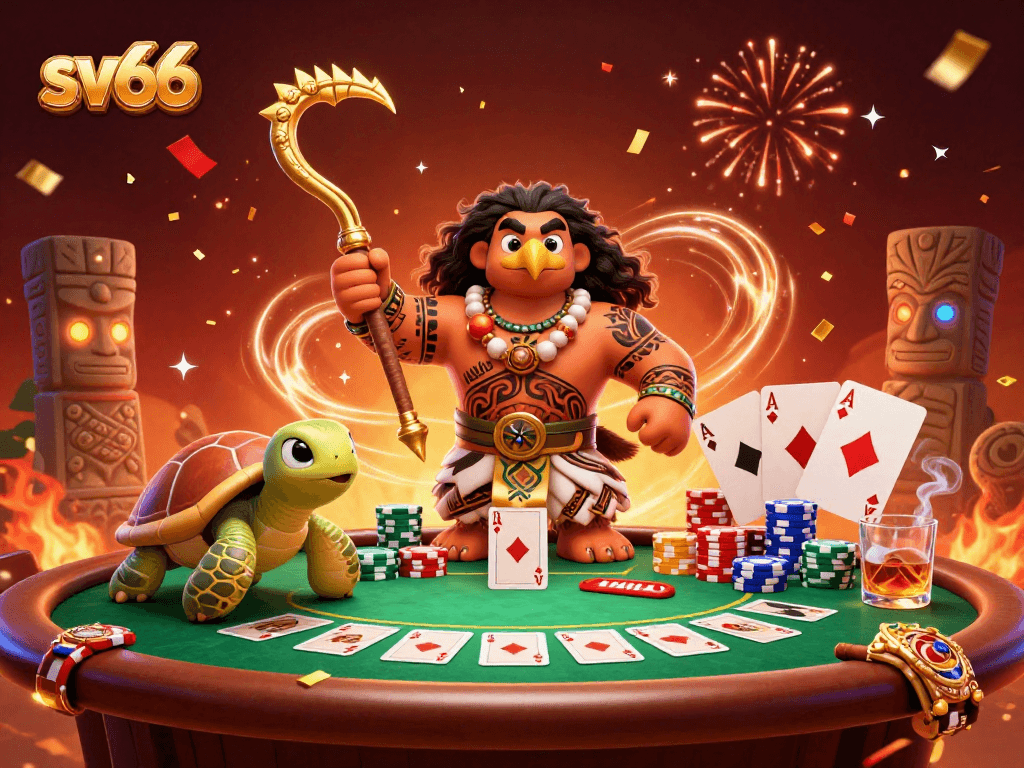 Experience thrilling gaming excitement with sv66 featuring animated characters, vibrant poker elements, and lively casino atmosphere.