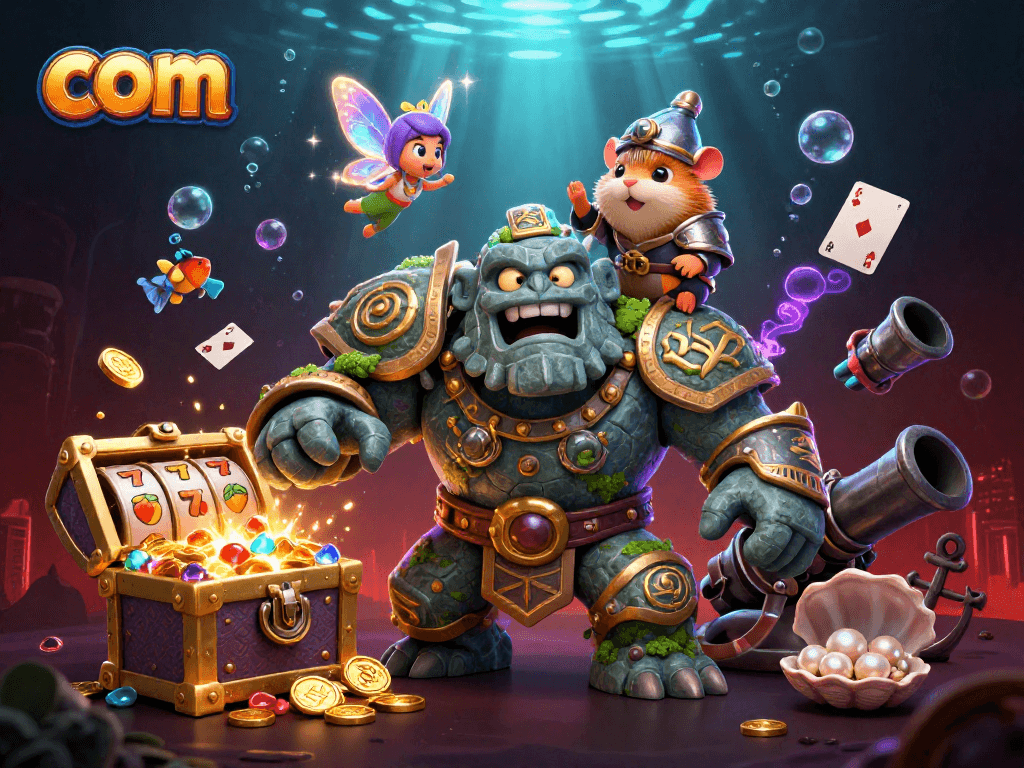 Engage in the excitement of com with a vibrant scene depicting a magical golem, fairy, and hamster knight amidst casino elements.