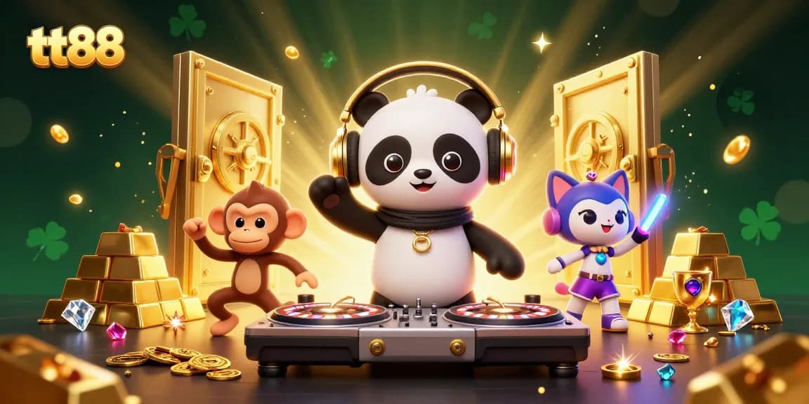 Experience winning at tt88 with the playful panda DJ spinning luck on roulette wheels surrounded by treasures.