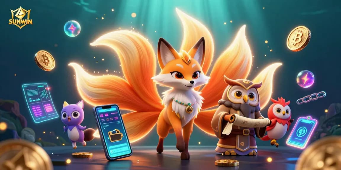 SUNWIN offers a vibrant 3D scene with a fox spirit, owl sage, and crypto coins illustrating a lively casino atmosphere.