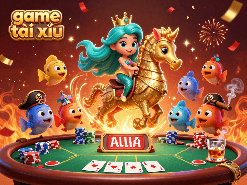 Enjoy the thrill of game tài xỉu with vibrant 3D illustration showcasing colorful characters and poker elements.
