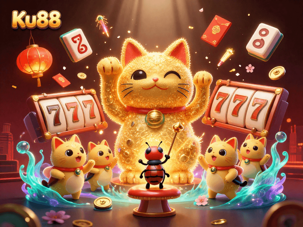 Engage with Ku88's vibrant casino experience featuring a lucky cat and dynamic gaming symbols.