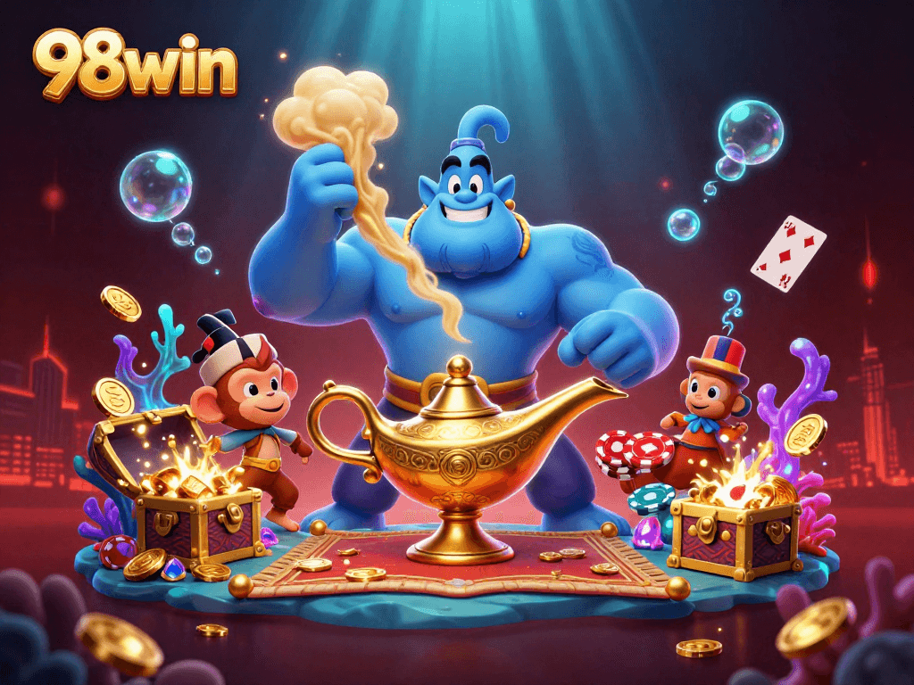 Experience thrilling games at 98win with a vibrant scene of magic and poker chips, unlocking your winning potential.
