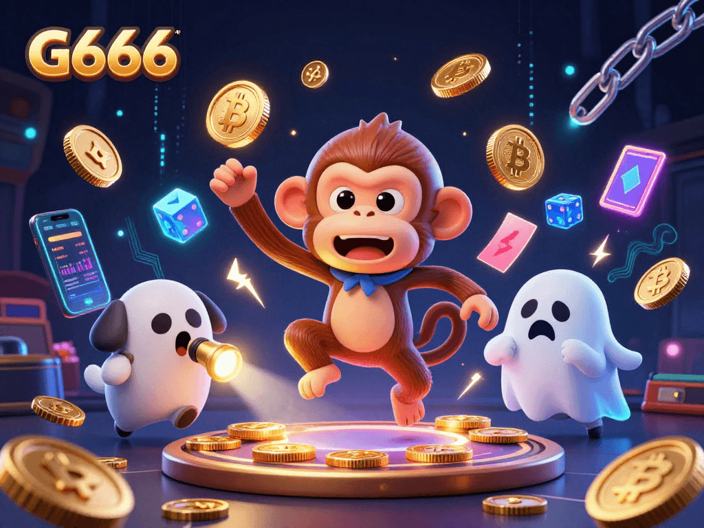 Engage with G666 in a vibrant casino scene with a playful poltergeist monkey and tracking puppy in pursuit.