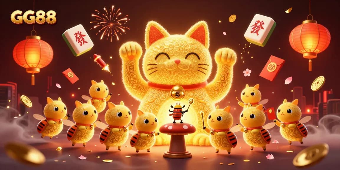 Experience big wins with GG88's vibrant lucky cat illustration in a dynamic casino setting.