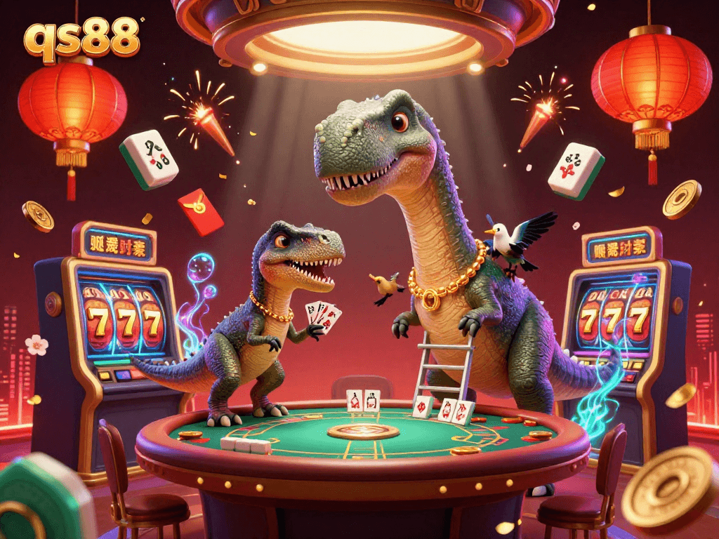 Experience excitement at qs88 with vibrant gambling elements and a tall brontosaurus in this thrilling casino illustration.